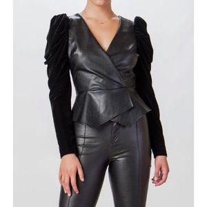 FAUX LEATHER AND VELVET PEPLUM TOP